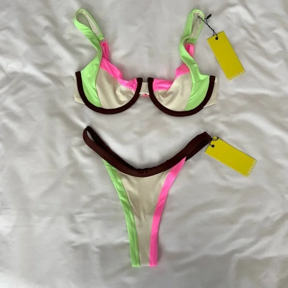NWT OneOne Swimwear Bikini Set Paros Elodie Justine Cream Brown Pink Green New - Picture 6 of 7